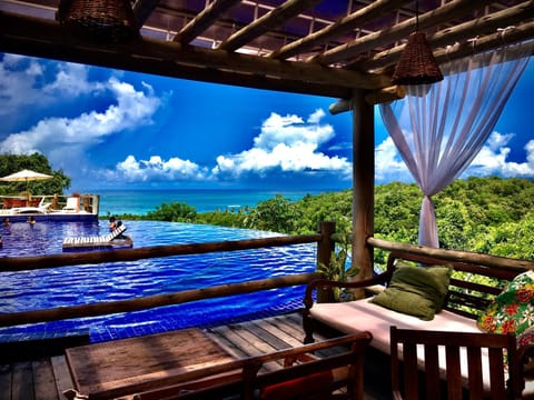 Restaurant/places to eat, Day, Natural landscape, View (from property/room), Pool view, Sea view, Swimming pool, sunbed