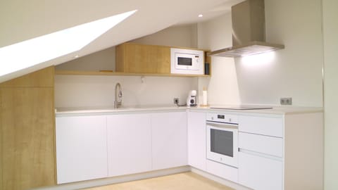 Kitchen or kitchenette, dishwasher, oven, stove