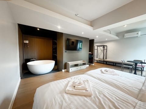 Bed, TV and multimedia, Living room, Photo of the whole room, Seating area, Bedroom, towels, wardrobe, air conditioner