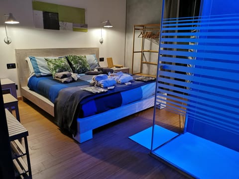 Shower, Bed, Night, Bathroom, Balcony/Terrace, Photo of the whole room, Decorative detail, Bedroom, microwave