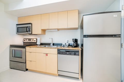 Kitchen or kitchenette, dishwasher, oven, stove