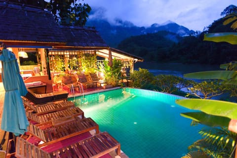 Night, Mountain view, Swimming pool