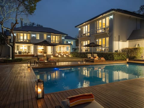 Property building, Night, Garden, Swimming pool