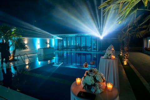 Night, Pool view, Swimming pool, wedding