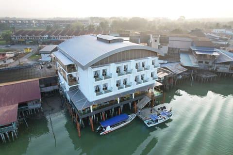 Property building, Restaurant/places to eat, Bird's eye view, River view, Sunset