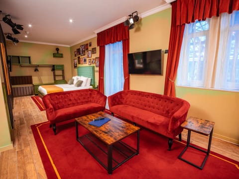 Bed, TV and multimedia, Living room, Seating area, Bedroom