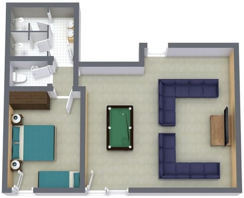 Billiard, Bathroom, Living room, Floor plan, Bedroom