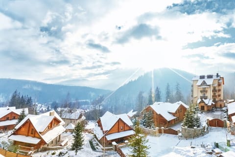 Facade/entrance, Bird's eye view, Winter, Mountain view, Street view