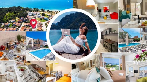 Property building, Kitchen or kitchenette, Living room, Seating area, Bedroom, Sea view, Sea view, Swimming pool, Breakfast, kitchen