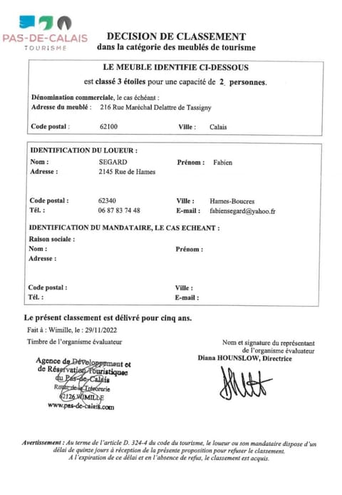 Studio vue sur mer classé 3 étoiles, Calais Apartment in Calais