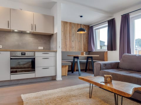 Kitchen or kitchenette, Living room, Seating area, Dining area