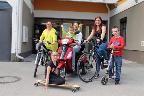 Facade/entrance, Spring, Day, Cycling, On site, young children, older children, group of guests, Family