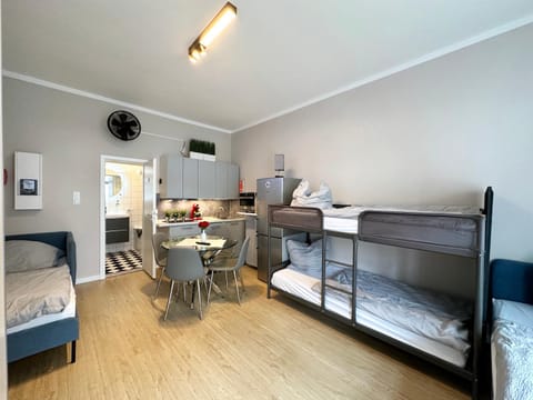 Bed, Dining area, bunk bed, stove, kitchen