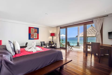 Bed, TV and multimedia, View (from property/room), Balcony/Terrace, Photo of the whole room, Bedroom, Sea view