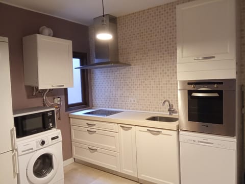 Kitchen or kitchenette, dishwasher, microwave, oven, washing machine