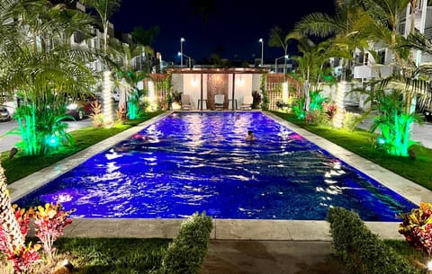 Night, Garden, Pool view, Swimming pool