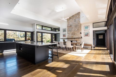 Living room, fireplace, flat iron, kitchen