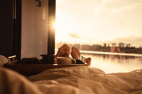 Bed, Bedroom, Lake view, Sunset