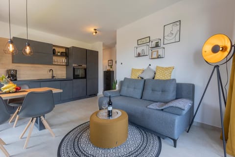 Kitchen or kitchenette, Living room, Seating area, Dining area