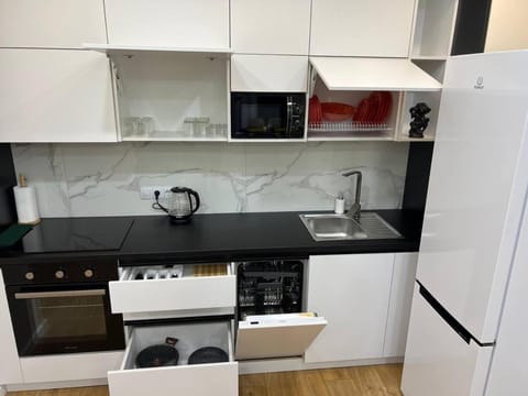 Kitchen or kitchenette, dishwasher, oven, stove