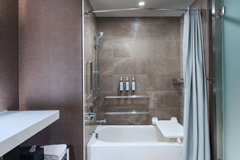 Shower, hydromassage showerhead, hair dryer, towels