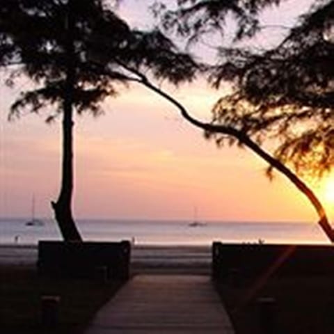 On the beach, sun loungers, beach bar