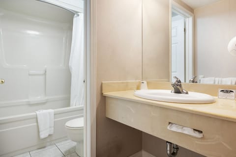 Combined shower/tub, deep soaking tub, free toiletries, hair dryer