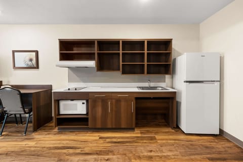 Full-size fridge, microwave, stovetop