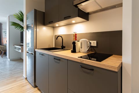 Basic Studio | Private kitchen | Full-size fridge, microwave, oven, stovetop