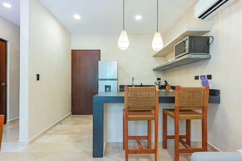 Deluxe Apartment | Private kitchen | Full-size fridge, microwave, cookware/dishes/utensils, cleaning supplies