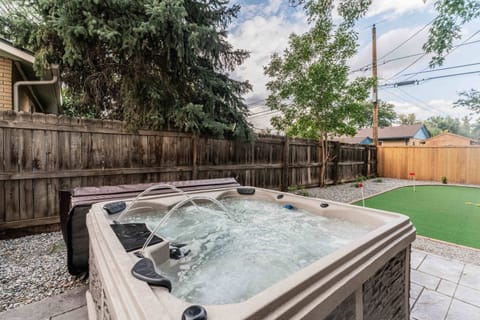 The four-person hot tub is the perfect place to soak after a long day.