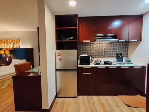 Executive Apartments (Daisy) | Private kitchen | Full-size fridge, electric kettle, cookware/dishes/utensils
