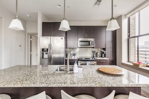 Deluxe Apartment | Private kitchen | Full-size fridge, microwave, oven, stovetop