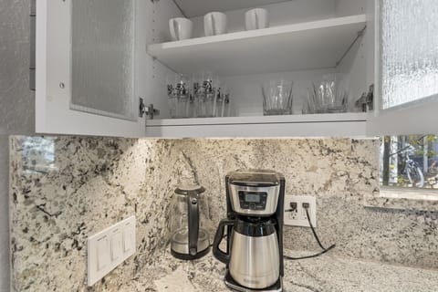 Coffee pot and tea pot. Kitchen outlets with USB charging capabilities.