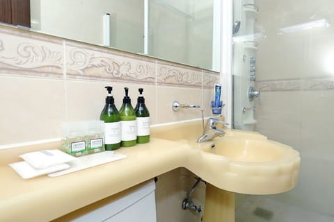 Standard Double Room | Bathroom | Shower, hair dryer, slippers, towels