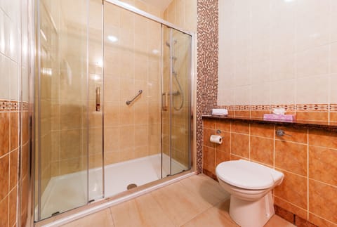 Combined shower/tub, free toiletries, hair dryer, towels