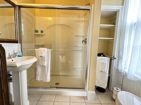 Deluxe Room | Bathroom | Hair dryer, towels, soap, shampoo