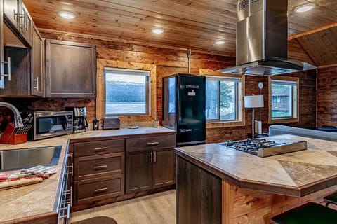 Deluxe Cabin | Private kitchen | Full-size fridge, microwave, oven, stovetop