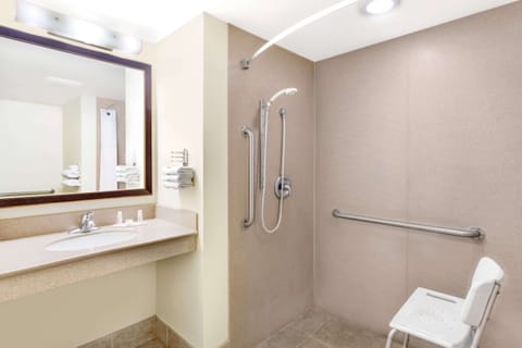 Combined shower/tub, hair dryer, towels