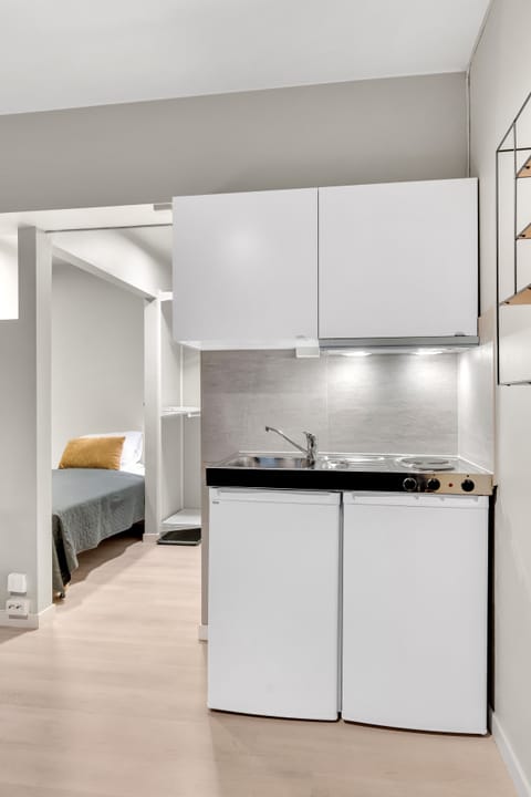 Studio apartment with alcove | Private kitchen | Mini-fridge, oven, stovetop, electric kettle