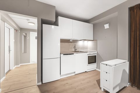 Apartment with separate bedroom and workspace | Private kitchen | Mini-fridge, oven, stovetop, electric kettle