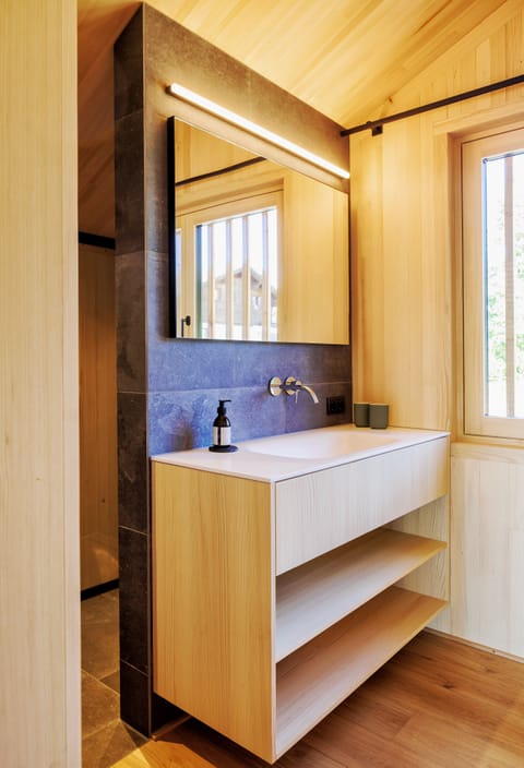 Separate tub and shower, rainfall showerhead, hair dryer, bathrobes