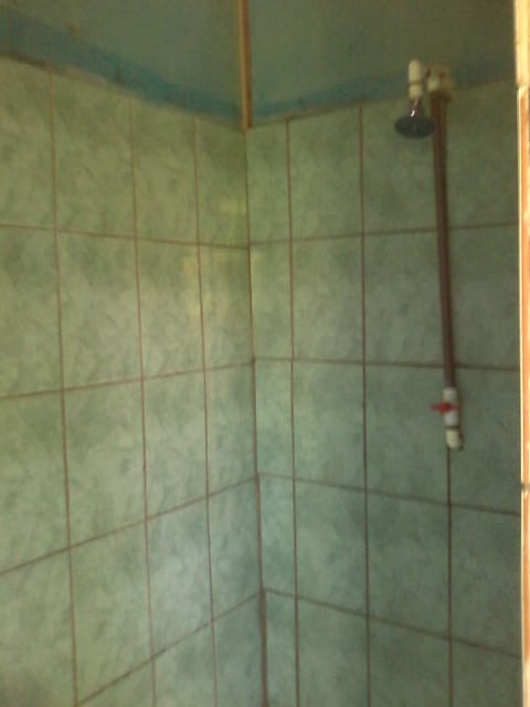 Shower, rainfall showerhead, towels, soap