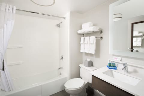 Combined shower/tub, free toiletries, hair dryer, towels