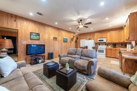 Living room into kitchen and dining room.