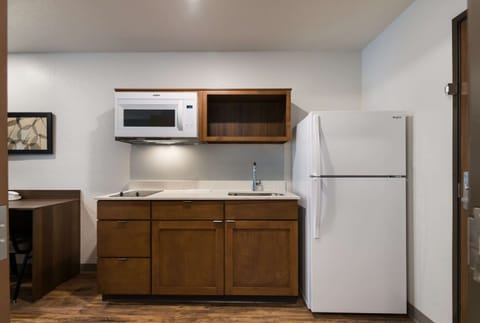 Full-size fridge, microwave, stovetop, freezer