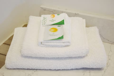 Combined shower/tub, free toiletries, hair dryer, towels