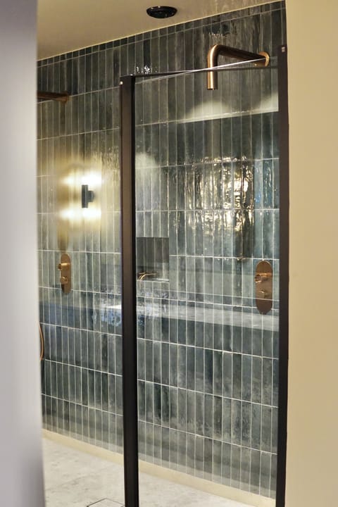 Hair dryer, heated floors, towels, soap