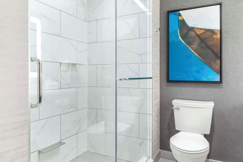 Hair dryer, towels, soap, shampoo