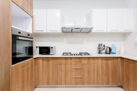 Deluxe Apartment | Private kitchen | Fridge, microwave, cookware/dishes/utensils